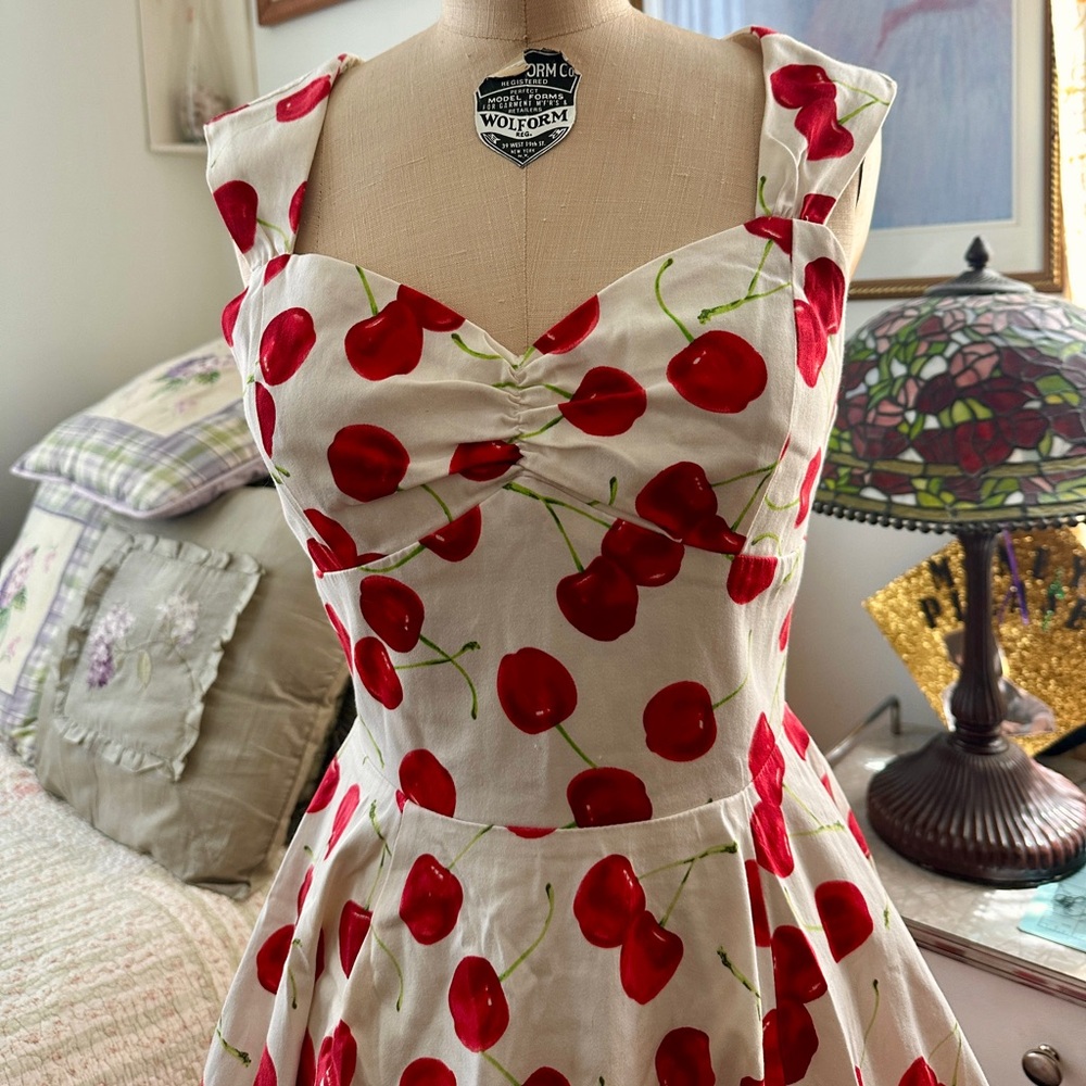 Ixia Cherry Print White Sweetheart Bust Midi Dress- size S - Picture 2 of 8